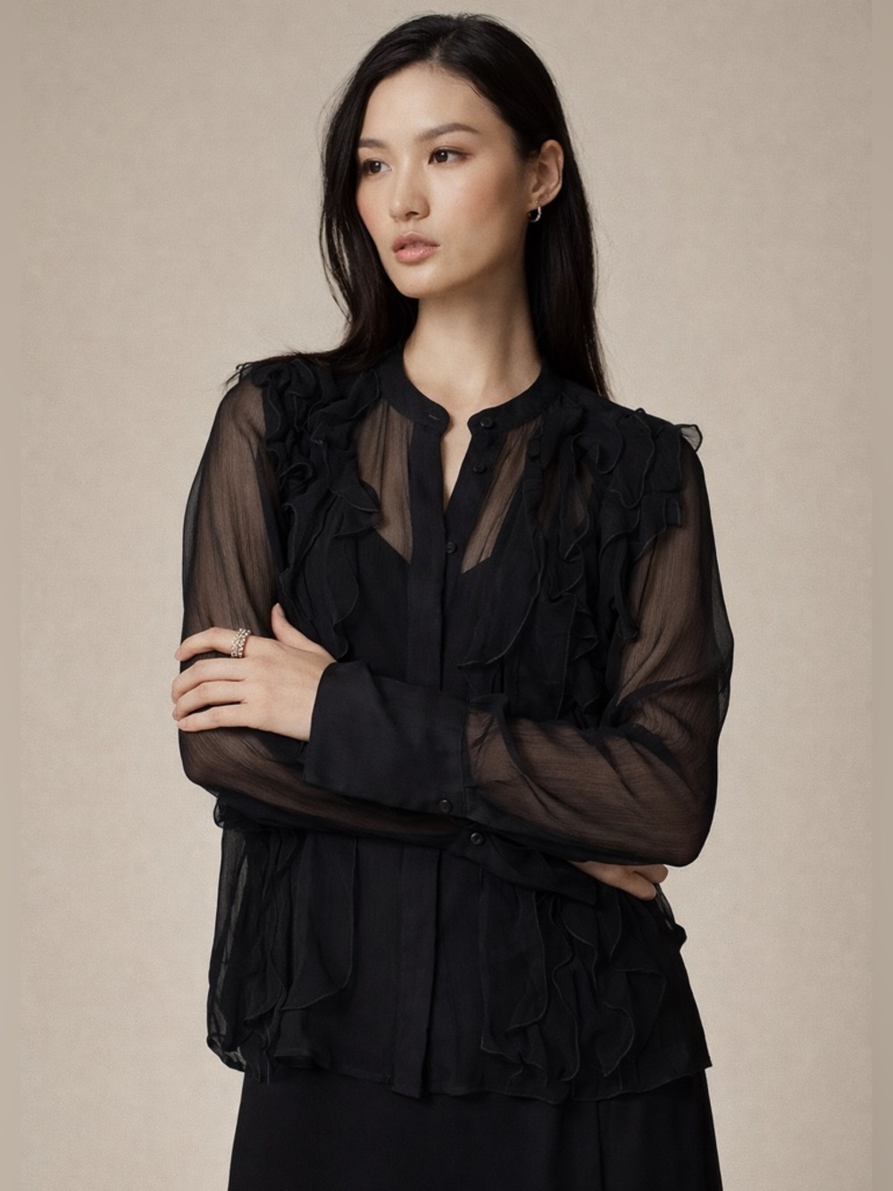 J. CREW Black Ruffle-front top in crinkle cupro CF457